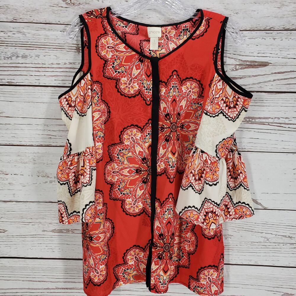 Chico's Women's Red Tiled Spice Cold Shoulder Top Size 1